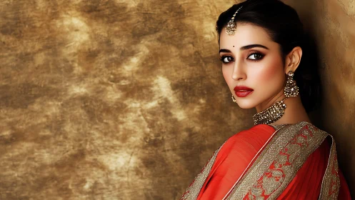 Elegant woman in red saree against warm golden backdrop.