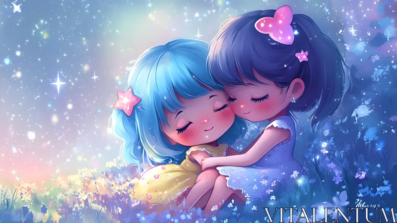 Two girls resting together in soft glowing meadow night.