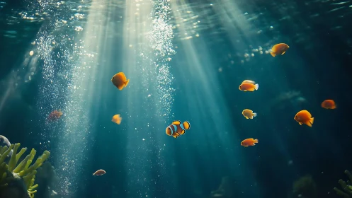 Sunlit clownfish drift gently through a peaceful blue sea