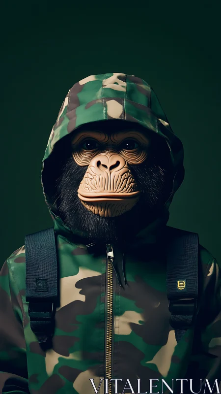 Camouflage monkey hoodie portrait with tactical backpack.
