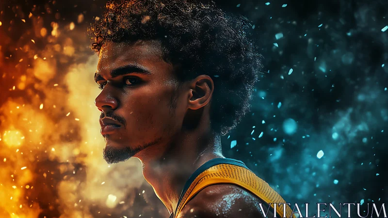Fiery and icy contrast frames focused basketball player.
