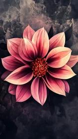 Pink dahlia macro bloom over textured charcoal ground.