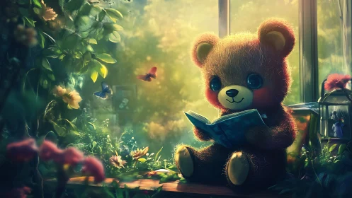 Teddy bear reading in sunlit garden with butterflies around