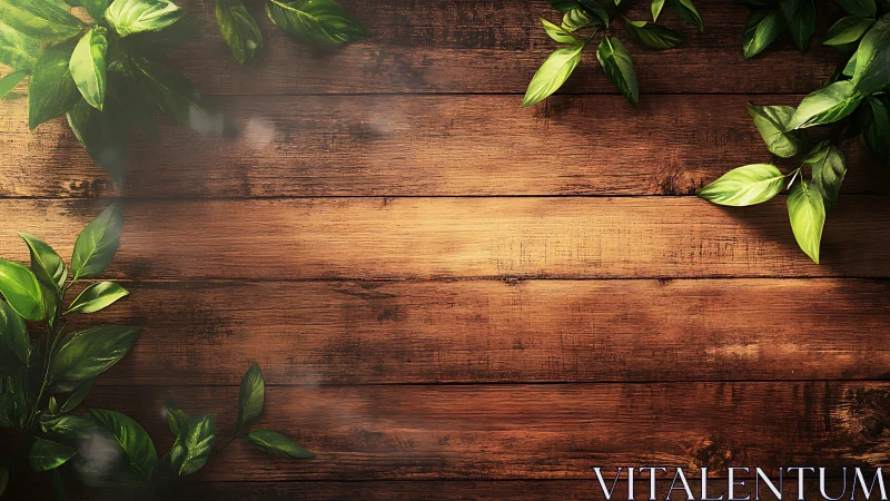 Warm wooden planks background with glossy green foliage border