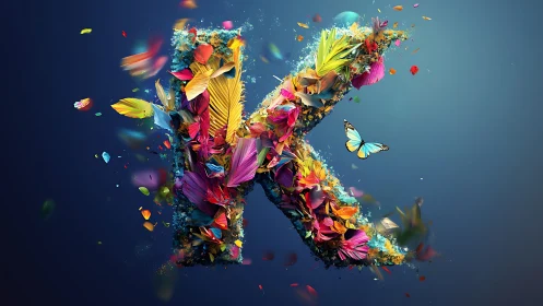 Volumetric letter K formed by explosive multicolor feather geometry