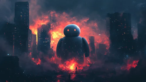 Gentle titan robot strolling through neon-torn apocalypse.