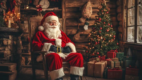 Santa in red suit sits in wooden cabin beside lit tree