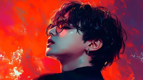 Profile portrait of person against saturated red digital sky