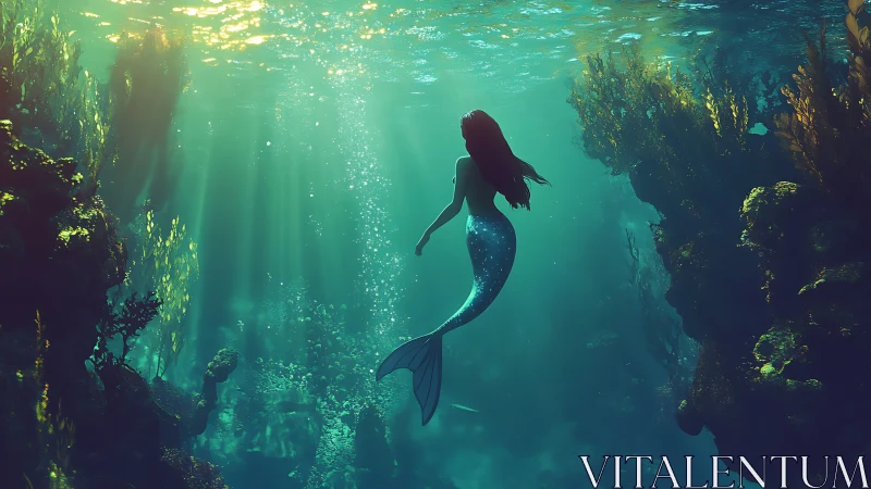 Mermaid silhouette swimming through sunlit underwater canyon.
