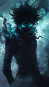 Mysterious neon-eyed wanderer stands in swirling blue mist