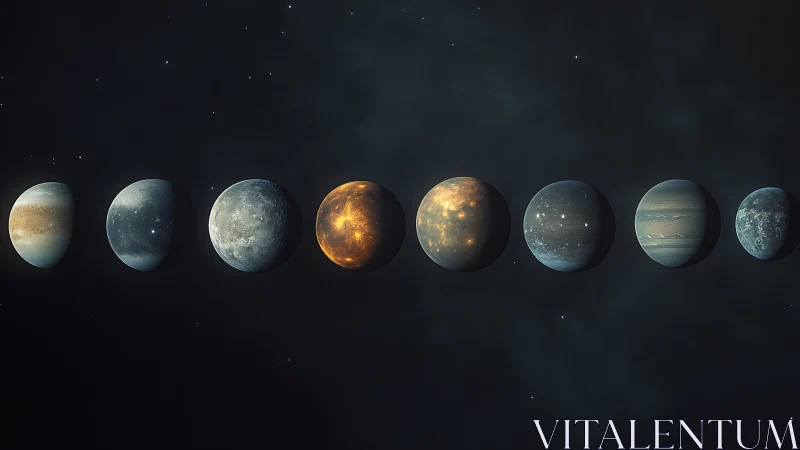 Row of stylized exoplanets displays varied atmospheric states