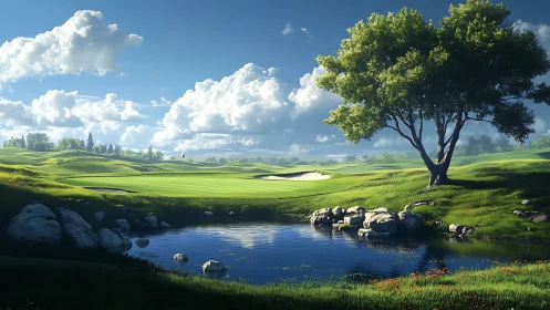 Lakeside golf green under cumulus sky and single shade tree