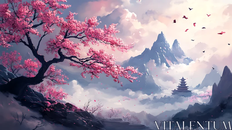 Blossoms Over Misty Peaks and a Hidden Mountain Temple.