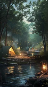 Riverside forest camp glowing with gentle lantern light.