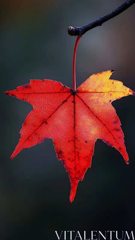 Macro study of suspended red maple leaf against bokeh field.