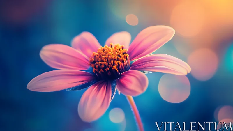 Pink Cosmos Flower with Golden Center Against Blurred Blue Bokeh