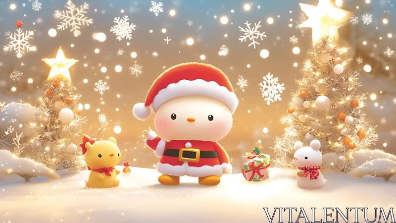 Kawaii winter micro-scene with chibi Santa and mascots.