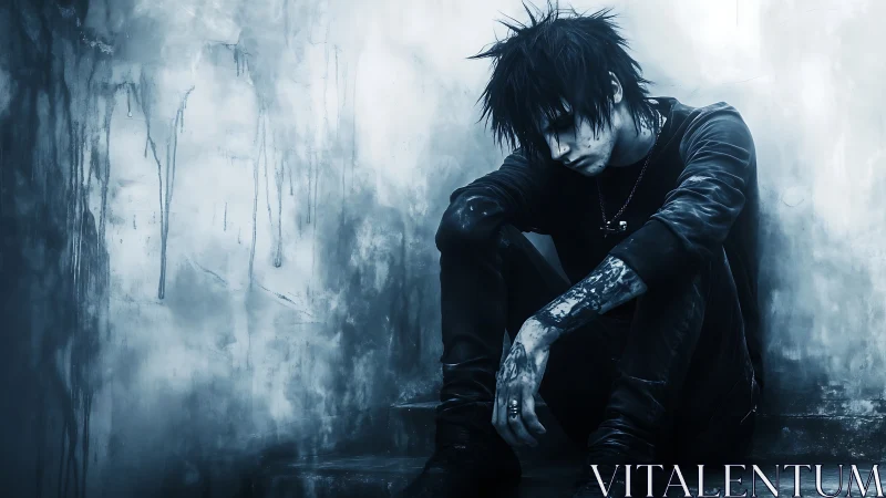 Solitary tattooed youth seated in cold blue stairwell.