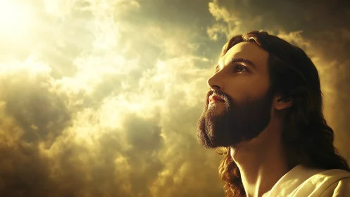 Portrait of a bearded man in divine light against radiant clouds