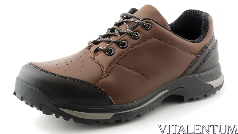 Brown low-cut hiking shoe with rugged black outsole shown