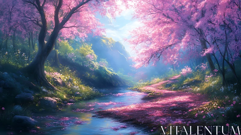 Gentle cherry blossom path curves beside a sparkling stream