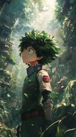 Green-haired hero studies sunlit overgrown city canyon.