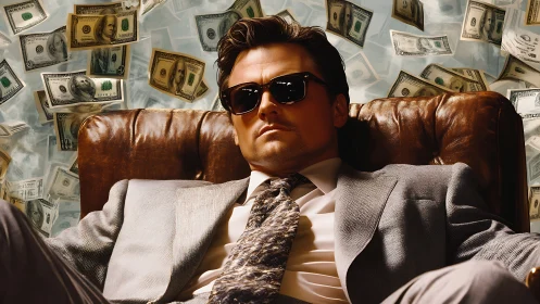 Smug businessman reclines in leather chair amid flying cash