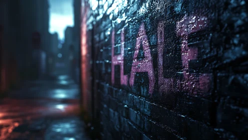 Moody rainy alley wall glowing with bold neon graffiti.