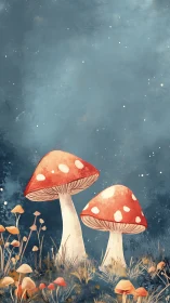 Starry night toadstools in a quiet storybook forest.