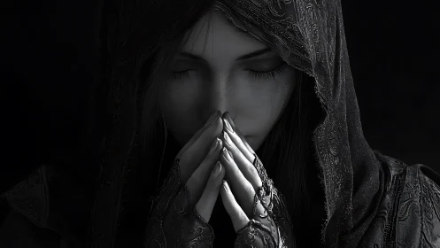 Quietly praying woman in a dark, intricate hooded cloak.