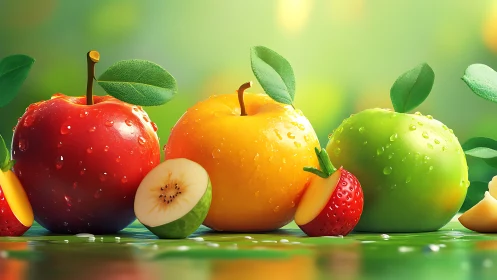 Colorful wet apples and mixed fruit slices on green surface.