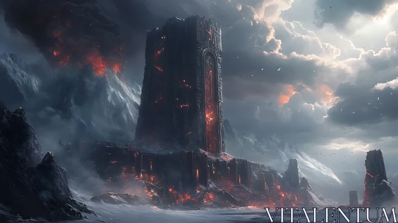 Volcanic obsidian fortress towers over frozen wasteland.