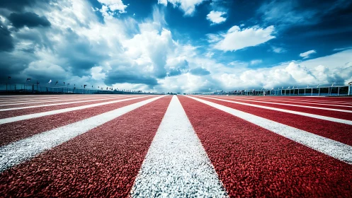 Low-angle vanishing point view of red athletics track lines