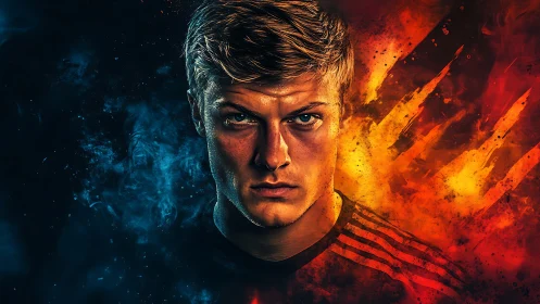 Intense male portrait divides cold blue and fiery orange realms