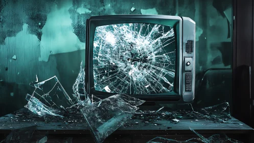 Broken retro TV with exploding shattered glass screen.