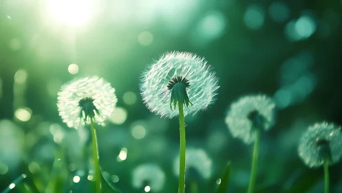 Backlit Dandelion Seedheads in Morning Light.
