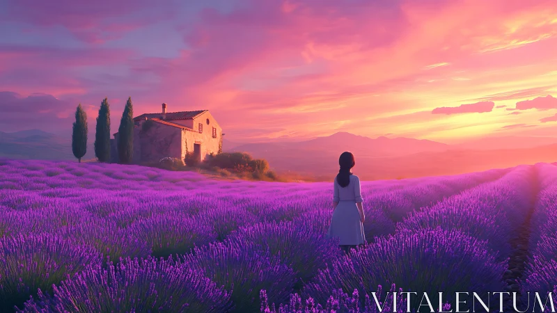 Woman stands in lavender field facing vivid sunset sky