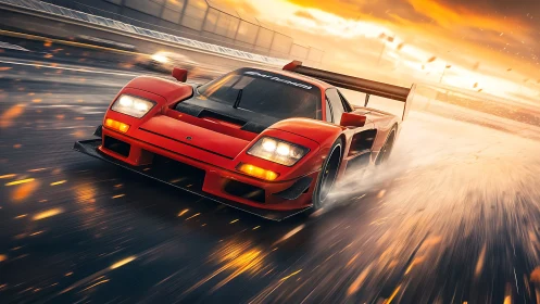 Scarlet race car cutting through sparks on wet speedway at dusk.