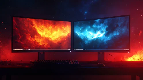 Dual gaming monitors with fiery and cool nebula contrasts.