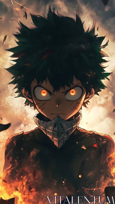 Intense anime hero framed by embers in dramatic close-up