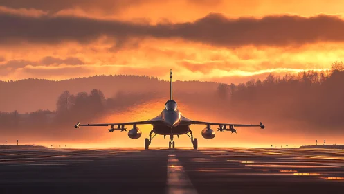 Single jet aircraft on runway against layered sunset sky.