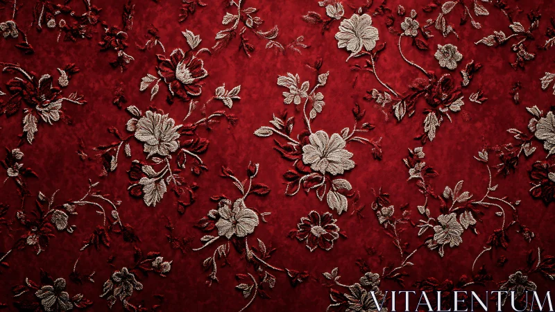 Crimson brocade garden where silver blossoms quietly gleam.