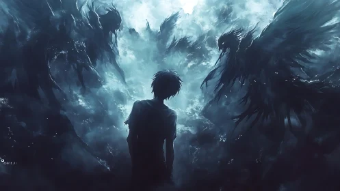 Backlit figure confronting spectral winged entities in storm