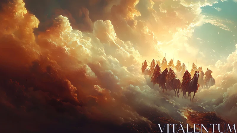 Mounted figures emerging through illuminated cloud masses.