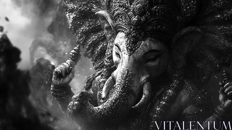 Detailed monochrome depiction of ornate elephant deity.