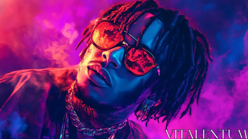 Neon lit portrait captures cool man in reflective red glasses