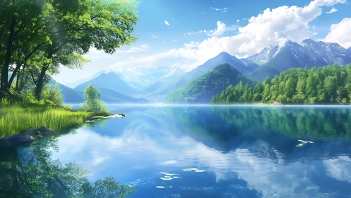 Mountain lake reflects bright sky and distant snowy peaks