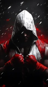 Hooded boxer in red gloves framed by dramatic falling snow.