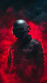 Armored tactical combatant emerges amid red volumetric smoke