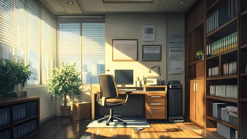 Sunlit office workstation shows organized desk and shelving
